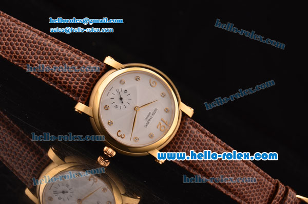 Patek Philippe Calatrava Swiss ETA 2836 Automatic Yellow Gold Case with White Dial Diamond Markers and Brown Leather Strap - Click Image to Close